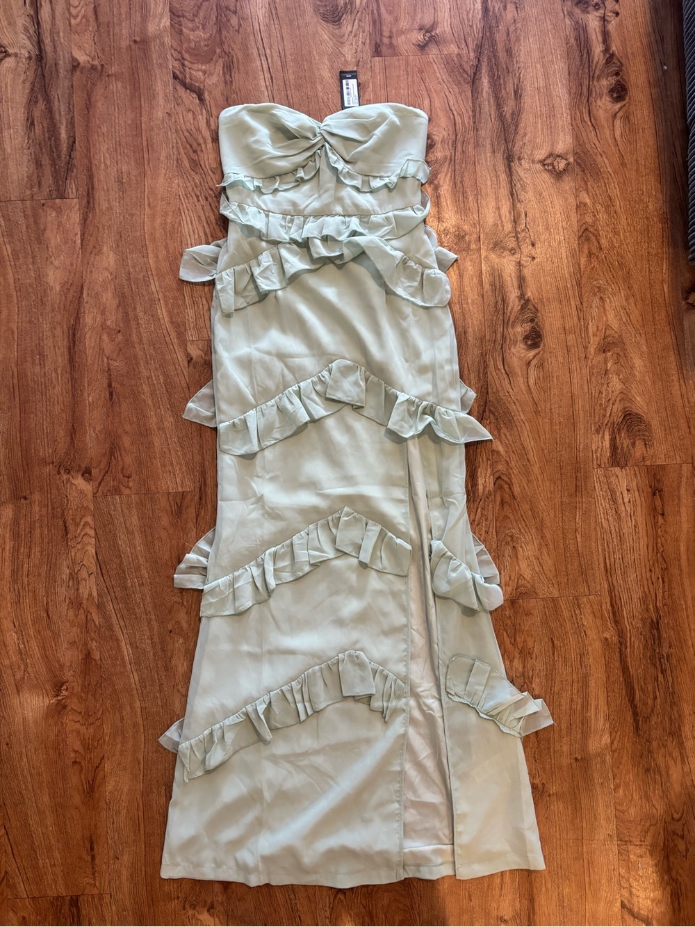 PrettyLittleThing Mint Green Ruffle Strapless Maxi Dress